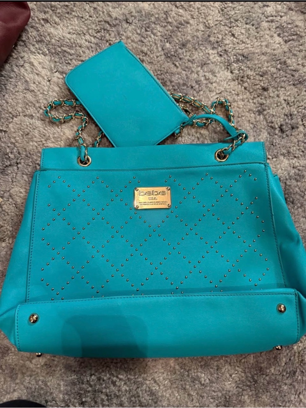 bebe Turquoise Quilted Stud Tote with Chain Strap